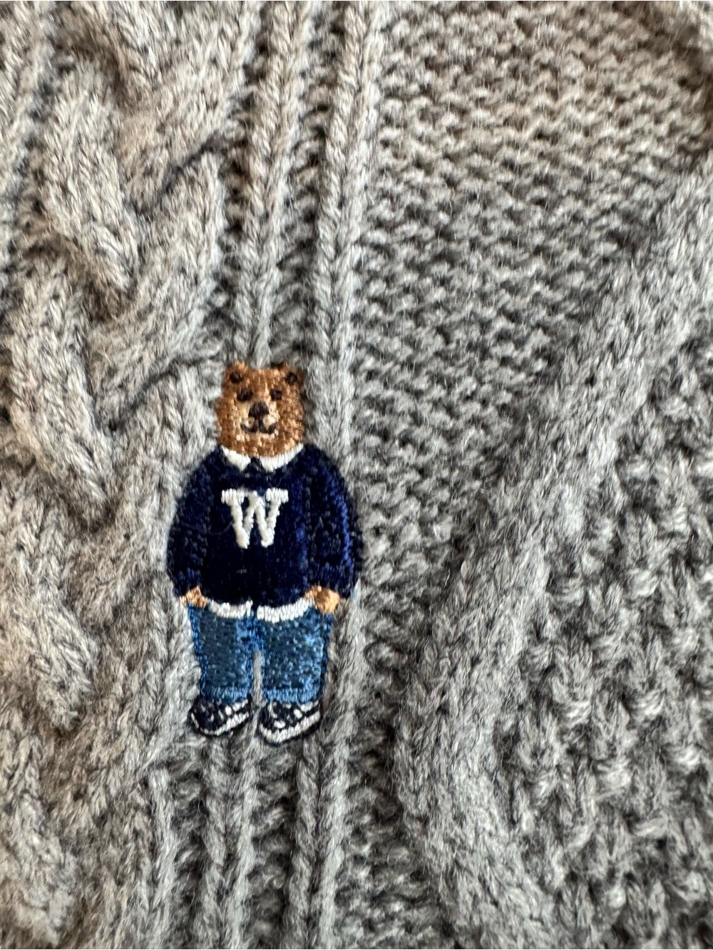 WHO.A.U Steve Bear Cable Knit V-Neck Sweater Gray Medium Preppy K-Fashion
